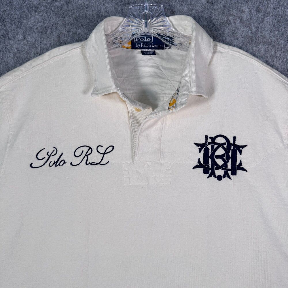 Polo Ralph Lauren Rugby Polo Shirt Mens XL Ivory Embroidered Monogram Vintage